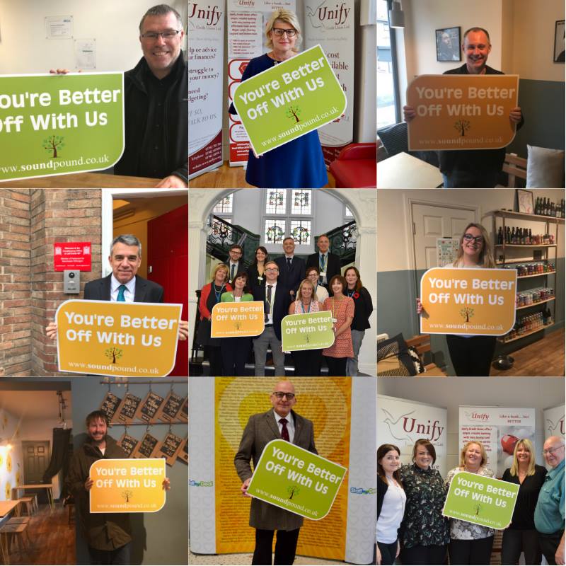 Collage of images showing people holding a sign that reads 