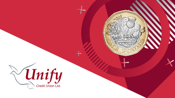 Savings Page Banner - Image of a £1 coin on a geometric background