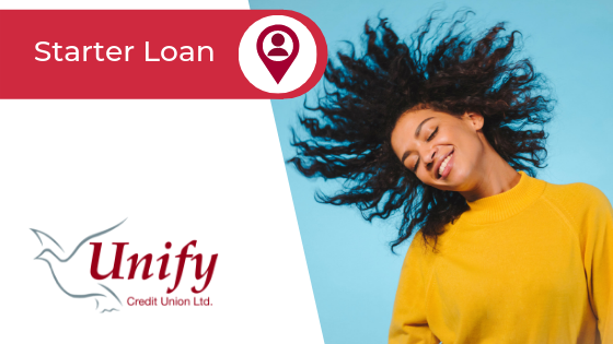 Starter Loan Page Banner - Image of a lady in a yellow jumper tossing her curly hair and smiling