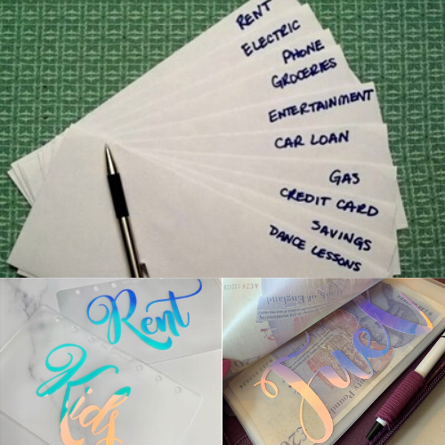 Plain Envelopes with words written on them: Rent, Electricity, Phone, Groceries, Entertainment, Car Loan, Gas, Credit Card, Savings, Dance Lessons